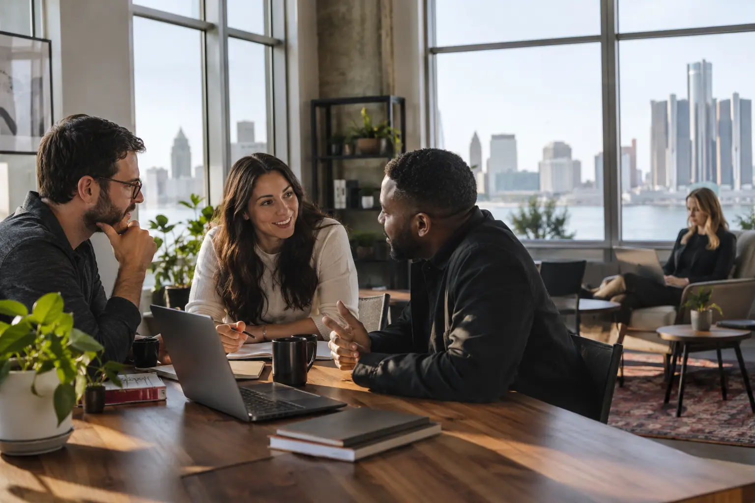 A welcoming small technology consulting workspace with people exchanging ideas, realistic Metro Detroit architecture through large windows, no implication of real AlbaHub staff.