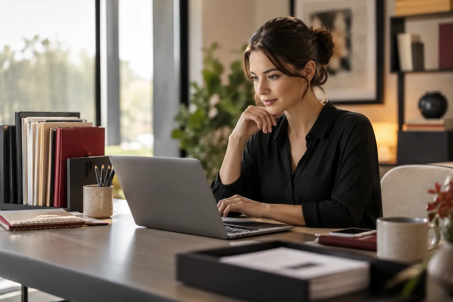 A customer operations employee checking a suggested response on a laptop beside organized business reference folders, human in control of the work.