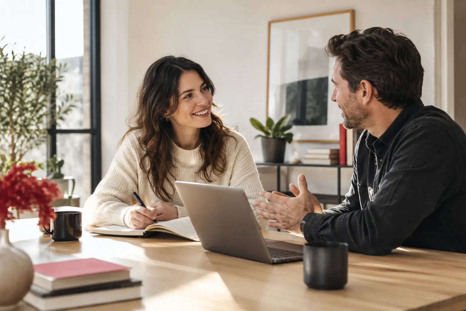 Illustrative business consultation at a bright table