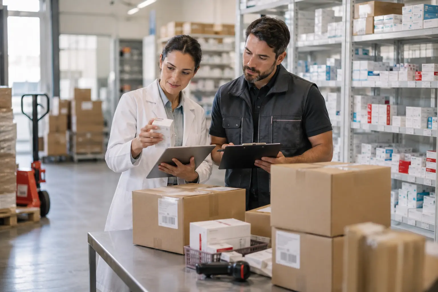 A pharmacist and supply-chain coordinator reviewing sealed medicine shipments and inventory records in an organized pharmaceutical distribution room, no patients.