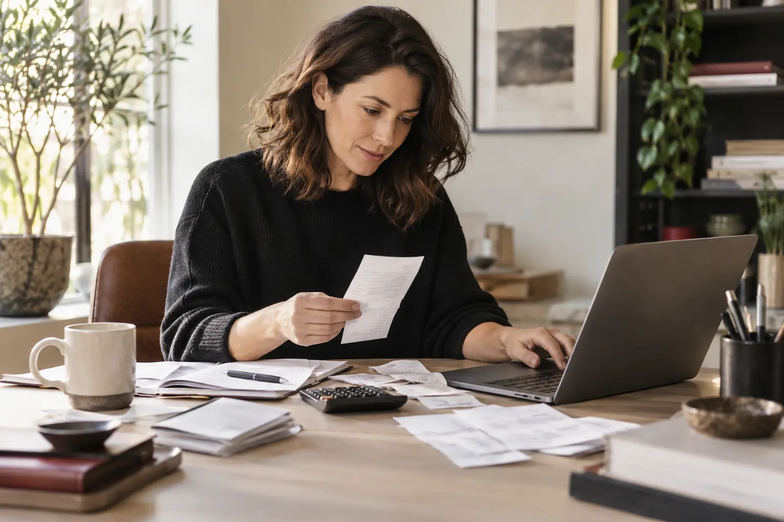 An accountant reconciling expense receipts and business statements on a laptop, carefully arranged neutral desk.