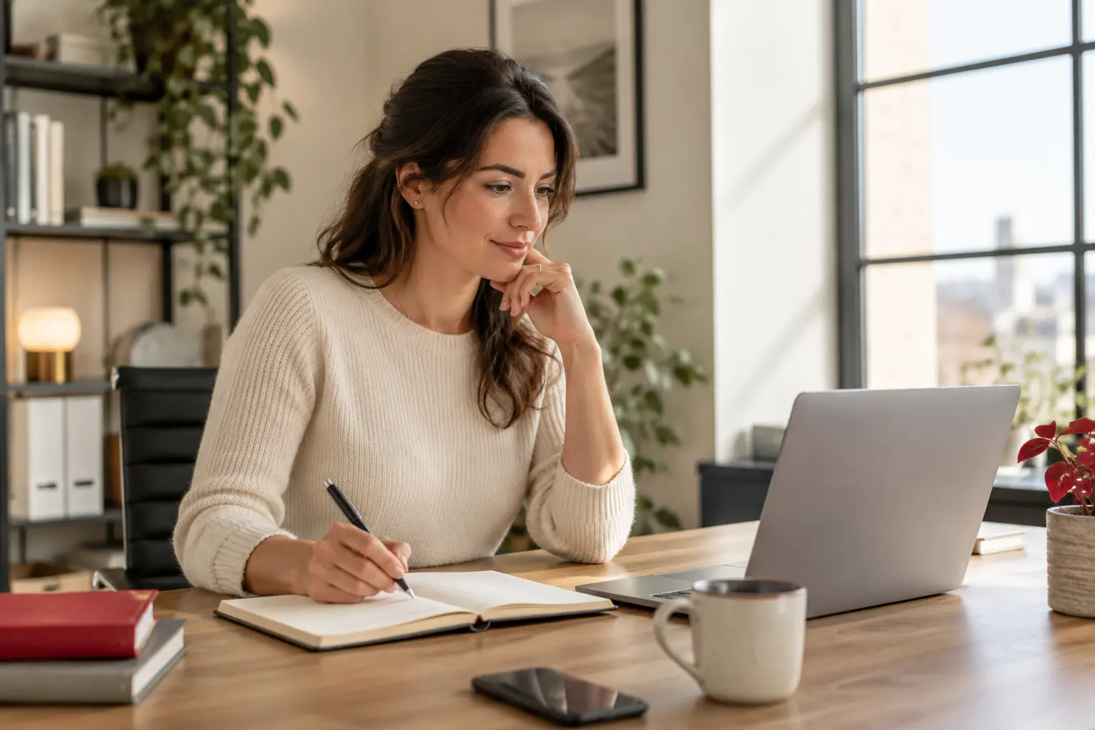 A sales coordinator reviewing customer follow-up information at a tidy office desk with a notebook and laptop.