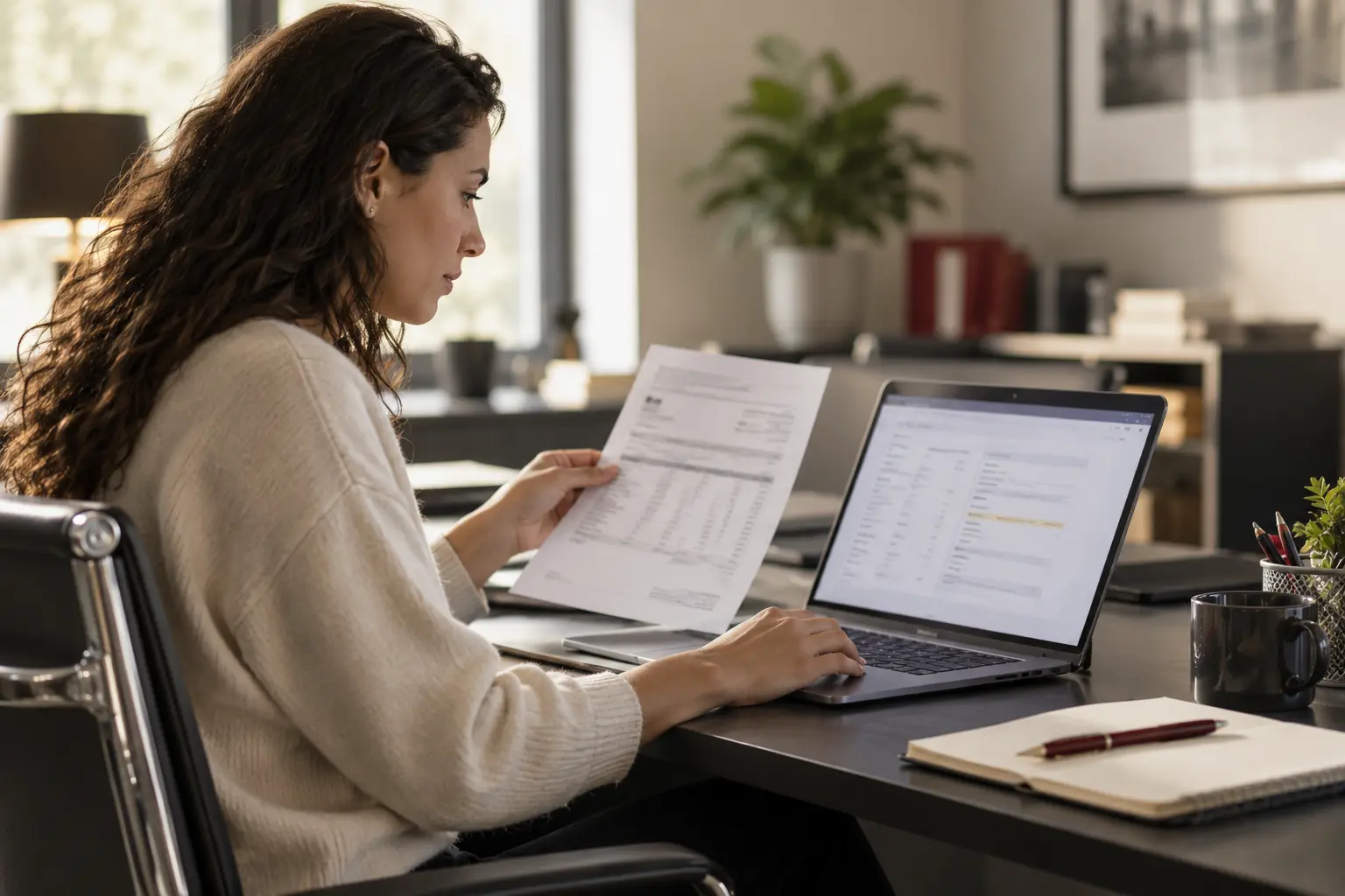An administrator comparing an original printed purchase order with extracted draft information on a laptop, modern practical office.