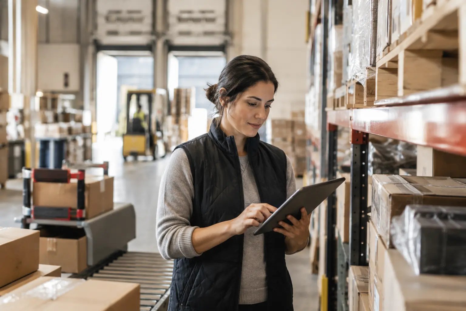 A warehouse operations coordinator reconciling an incoming order on a tablet beside organized labeled stock, no readable labels.