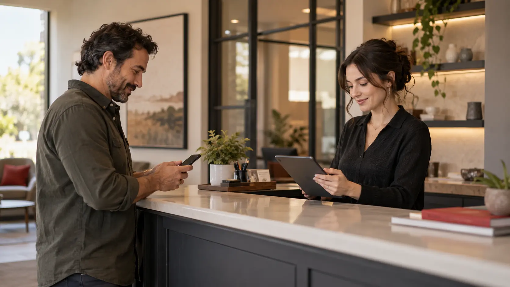 A property service customer completing an intake on a phone while a coordinator checks a tablet across a counter.