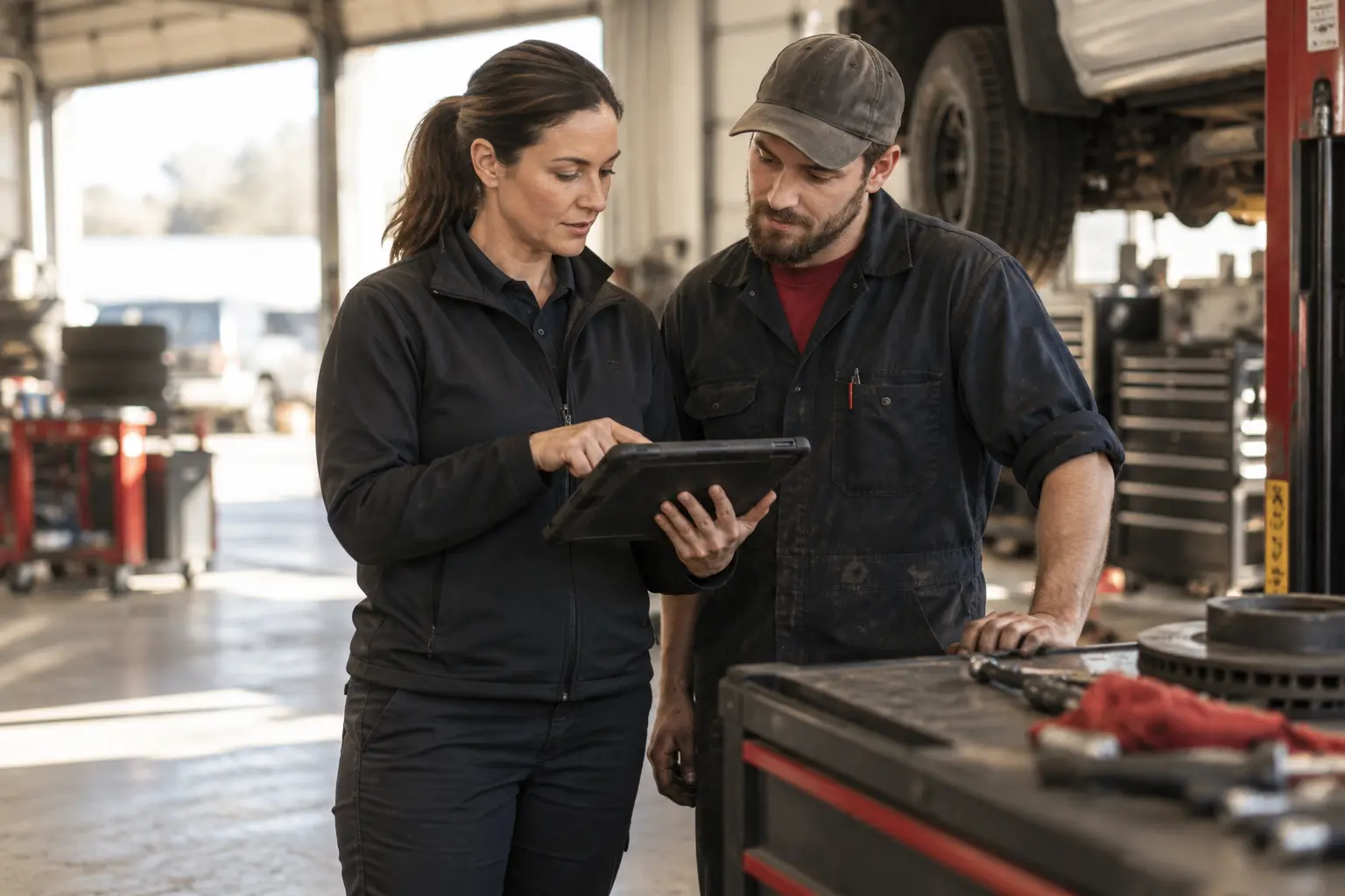 A repair shop manager and technician consulting an internal work-order tool on a rugged tablet near a service bench.