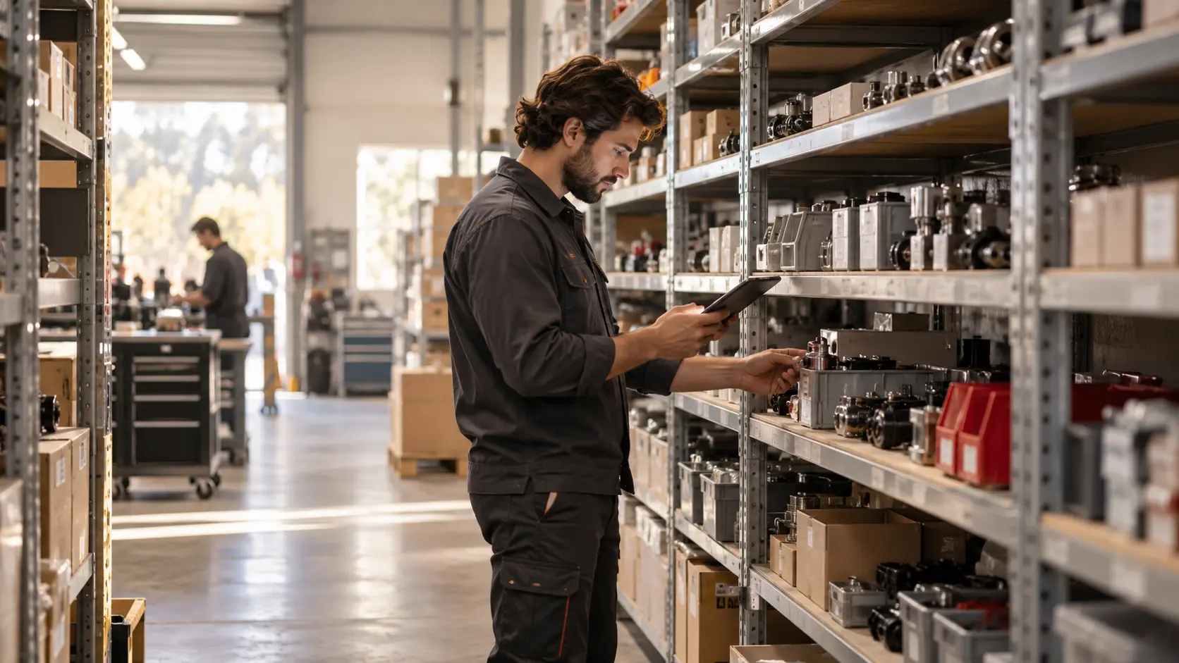 A stockroom employee using a handheld tablet to inspect organized spare parts on shelves, realistic warehouse lighting.