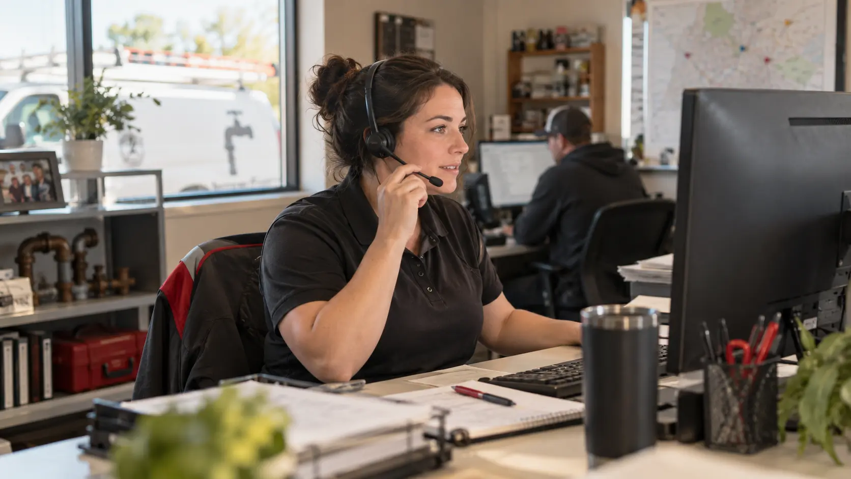 A plumbing company office employee handling an incoming call with a headset while checking a dispatch screen, everyday small business.