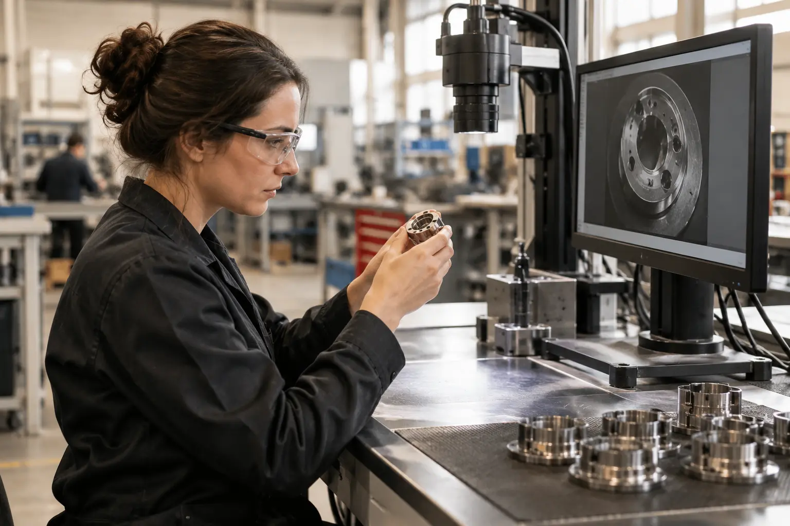 A manufacturing quality inspector comparing a component and a camera-assisted inspection workstation, realistic industrial setting.