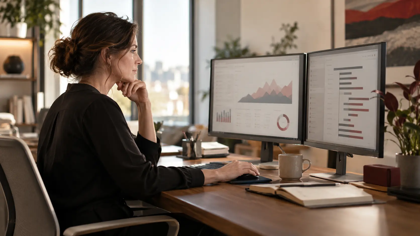 An operations manager checking coordinated business systems at a desk, two screens with abstract non-readable charts, realistic connected workplace.