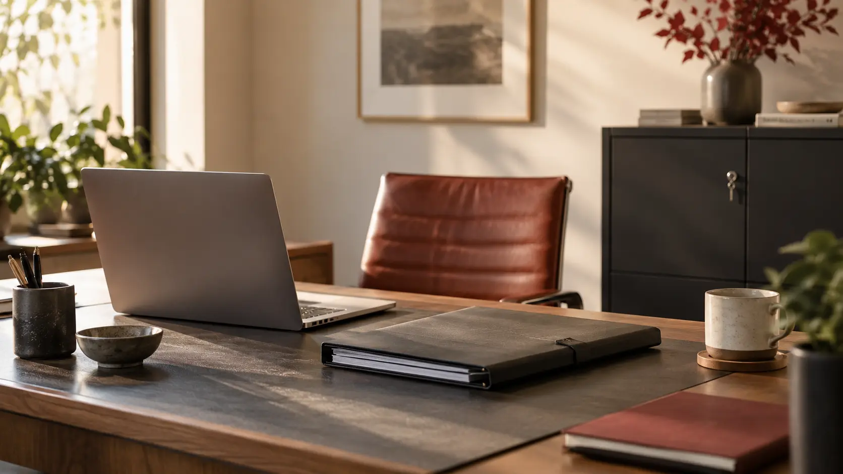 A carefully organized workplace desk with a closed document folder, laptop and understated lockable cabinet, visual of responsible information handling.