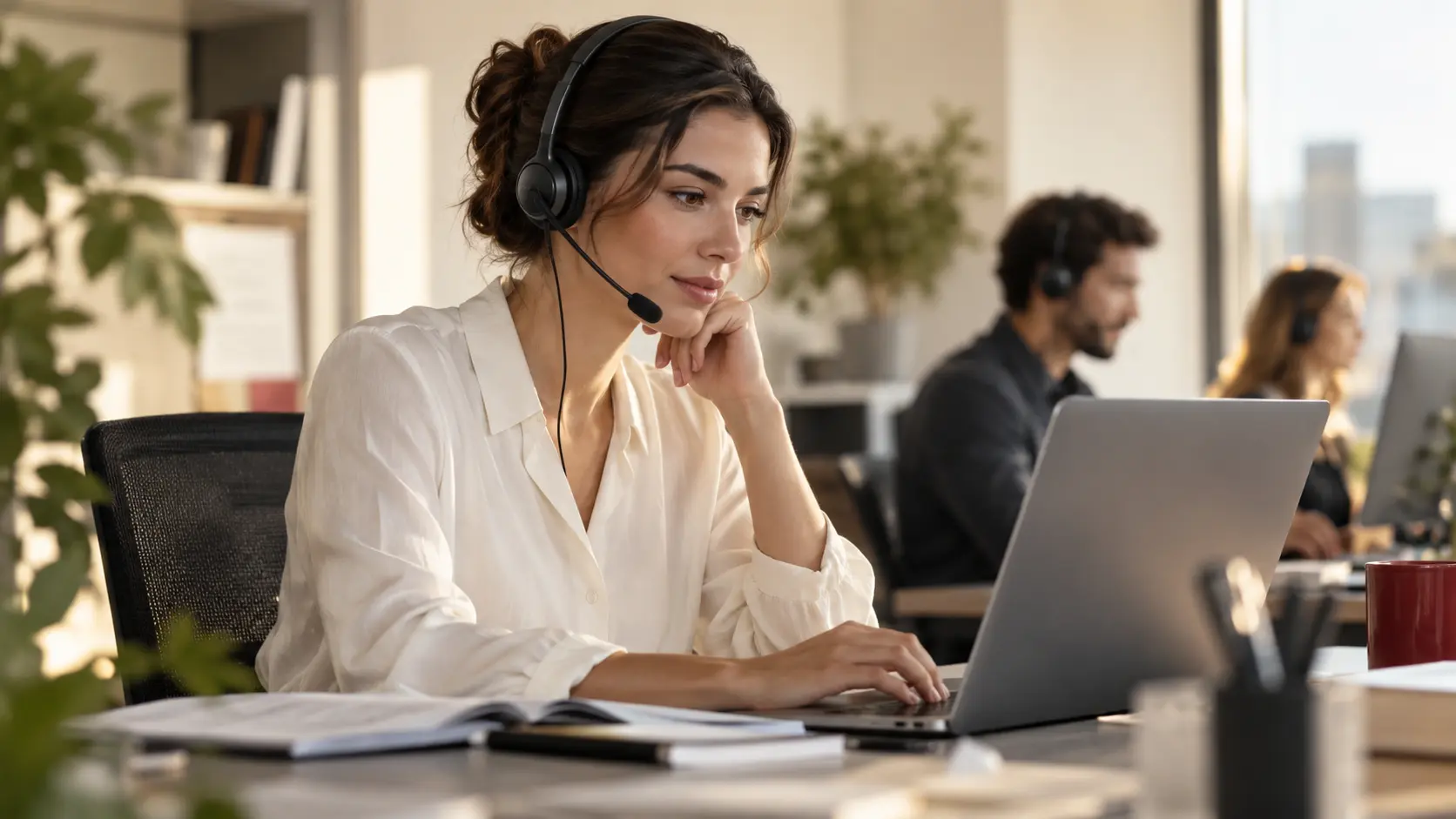 A service center team member using a headset and consulting company reference documents on a laptop, colleagues softly focused behind.