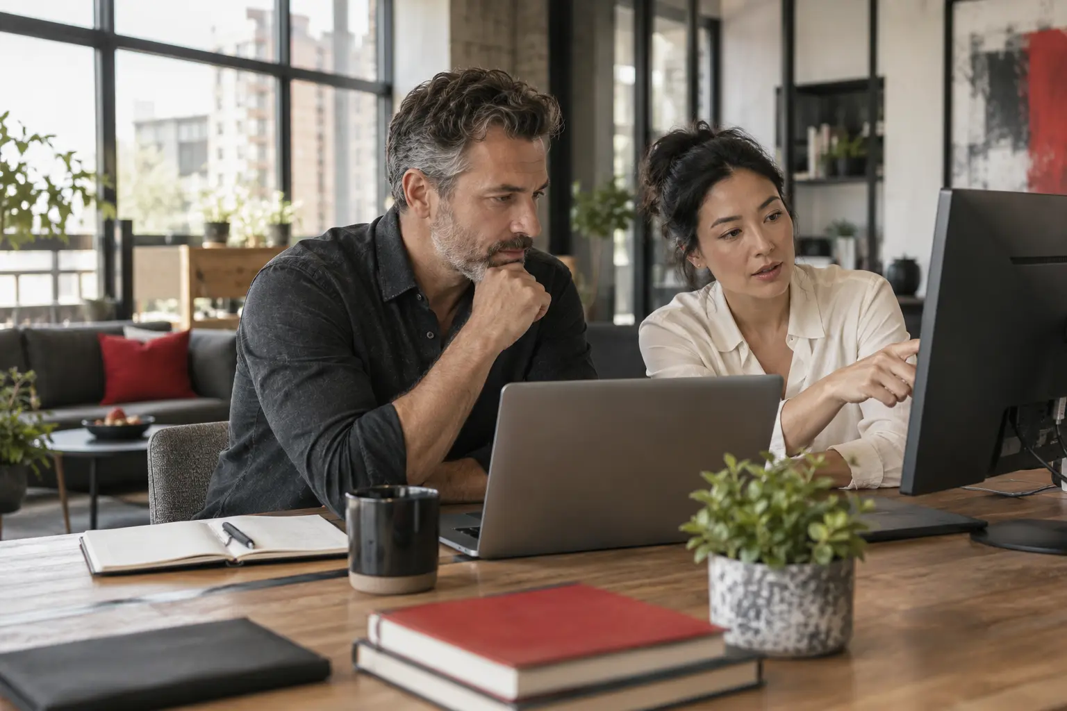 A technology consultant and business owner reviewing an existing application and operational monitoring at a shared workbench, grounded human business scene, no server fantasy.