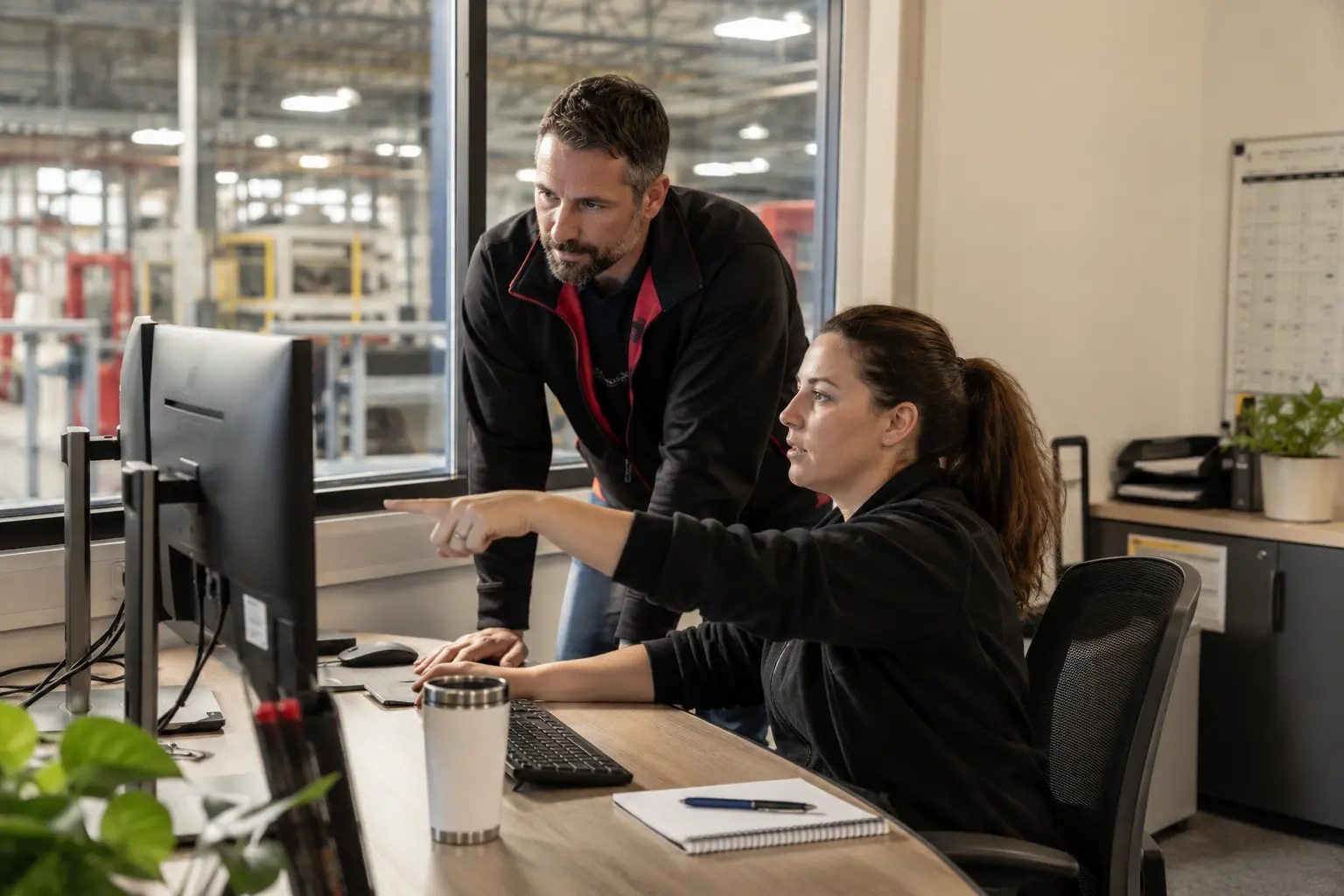 An operations supervisor and analyst checking a shared report in a modest manufacturing office overlooking production equipment.