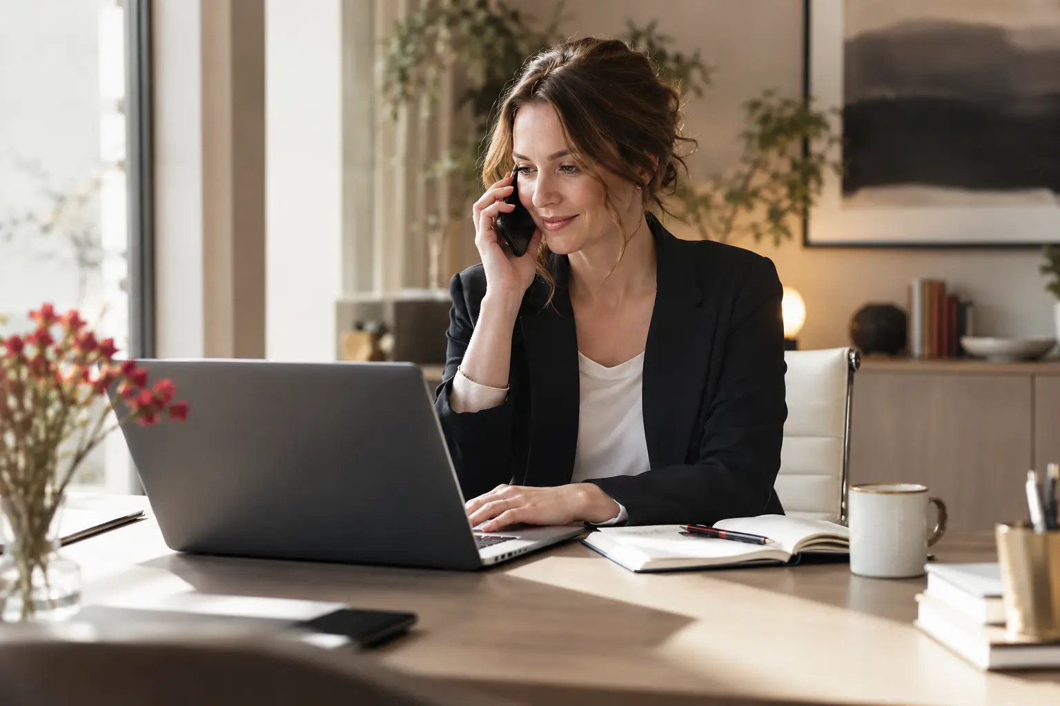 A customer coordinator checking an inquiry and follow-up task at a bright service desk, phone and laptop, warm professional setting.