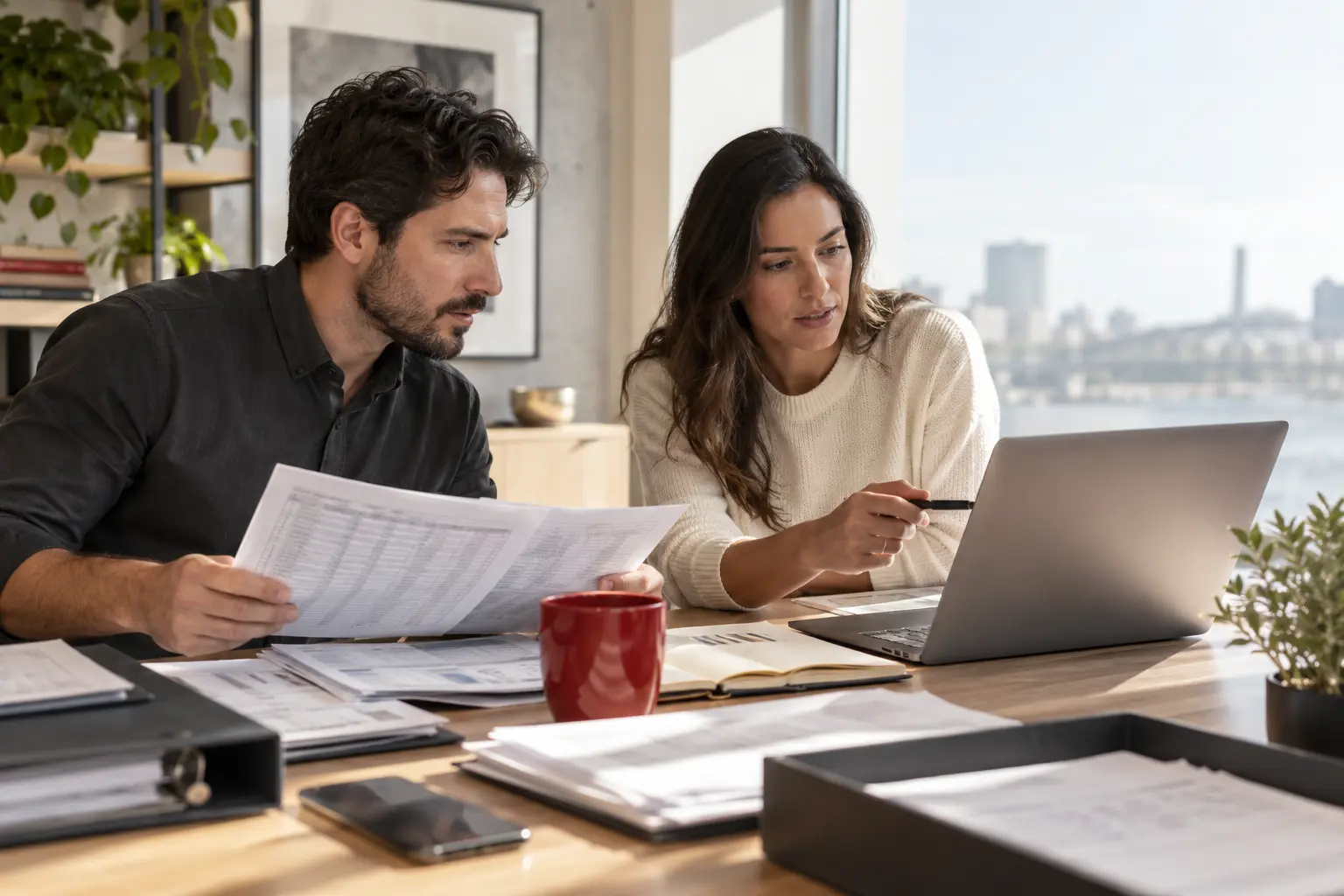 Two business operations employees comparing source spreadsheets and documents to an organized laptop data view at a bright desk, practical information cleanup, no readable screen text.