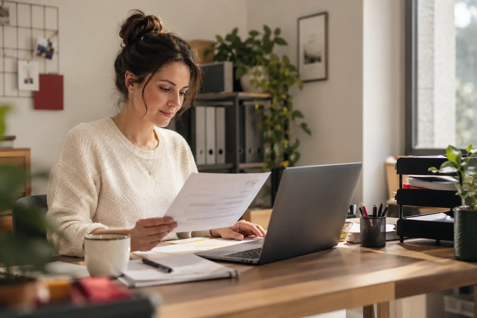 An accounts administrator reviewing a scanned business invoice beside a laptop and neatly organized document tray, clear realistic desk details.