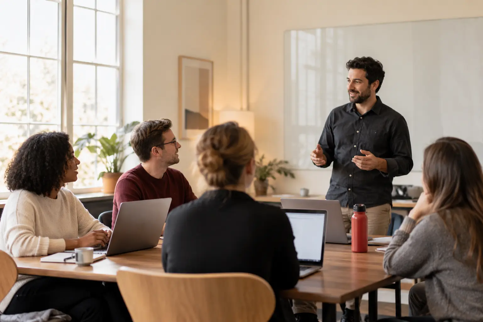 A technology specialist teaching a small business team a new workflow with laptops in a relaxed bright training room.