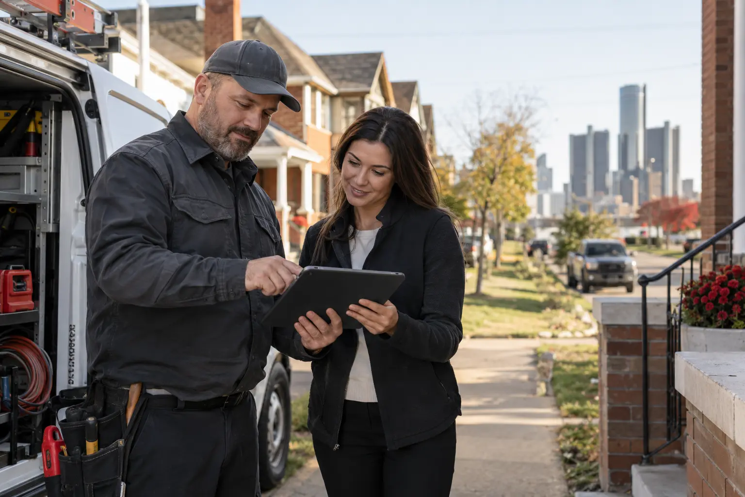 A field-service technician and office coordinator reviewing a tablet job packet beside a service vehicle, plausible Detroit neighborhood.