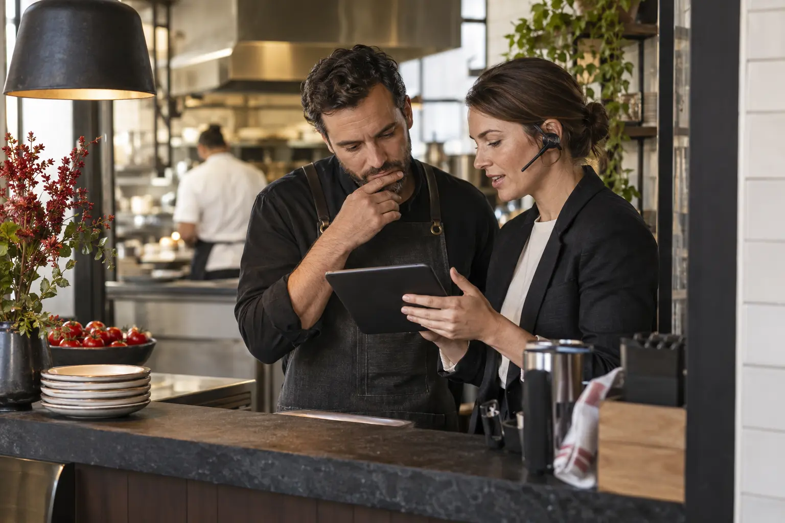 An independent restaurant manager reviewing a voice-order workflow with a consultant at the restaurant counter, a small headset and tablet, kitchen softly focused behind, distinct candid natural composition.