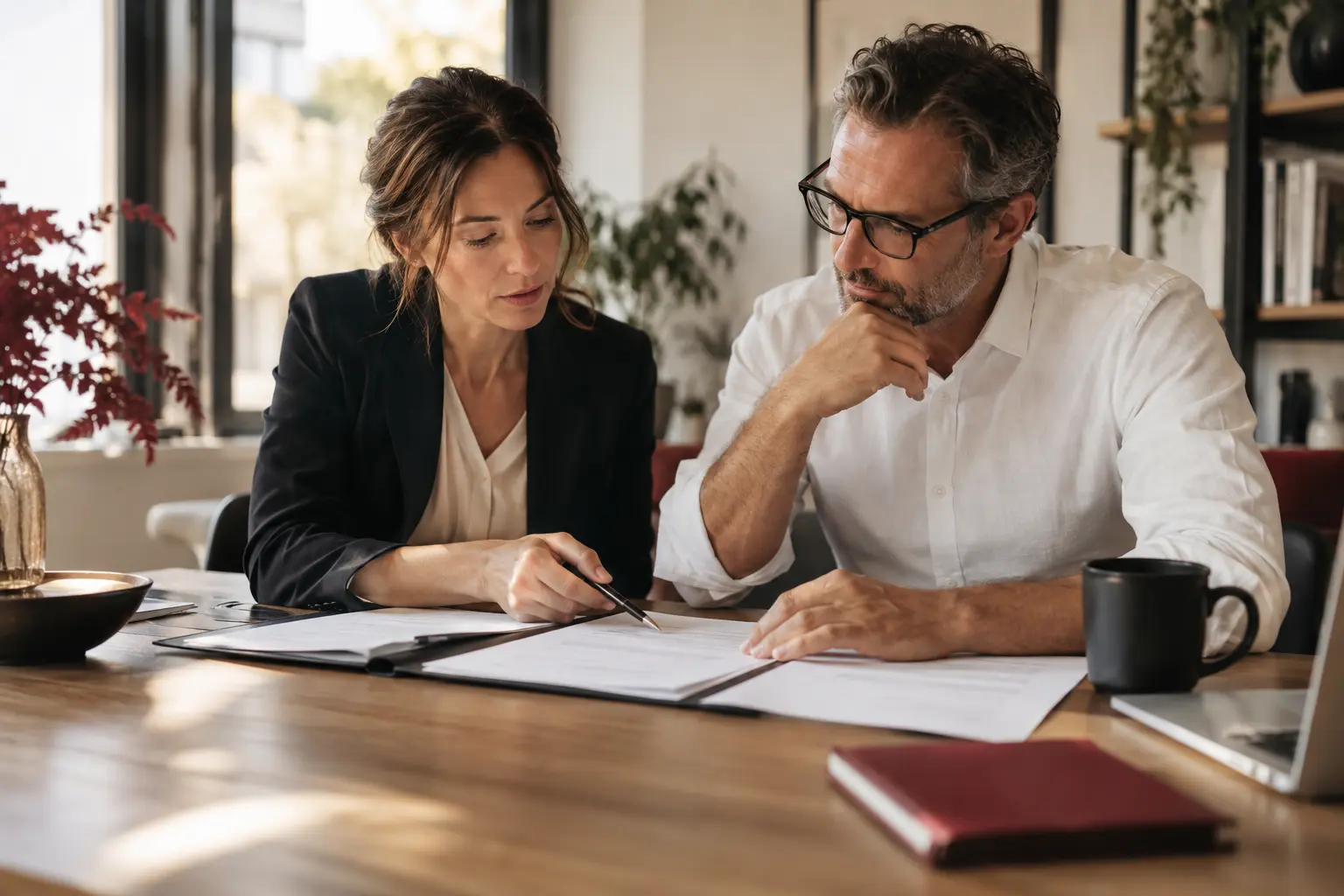 A business owner and consultant reviewing a plain written agreement together at a table, hands and documents without readable text.